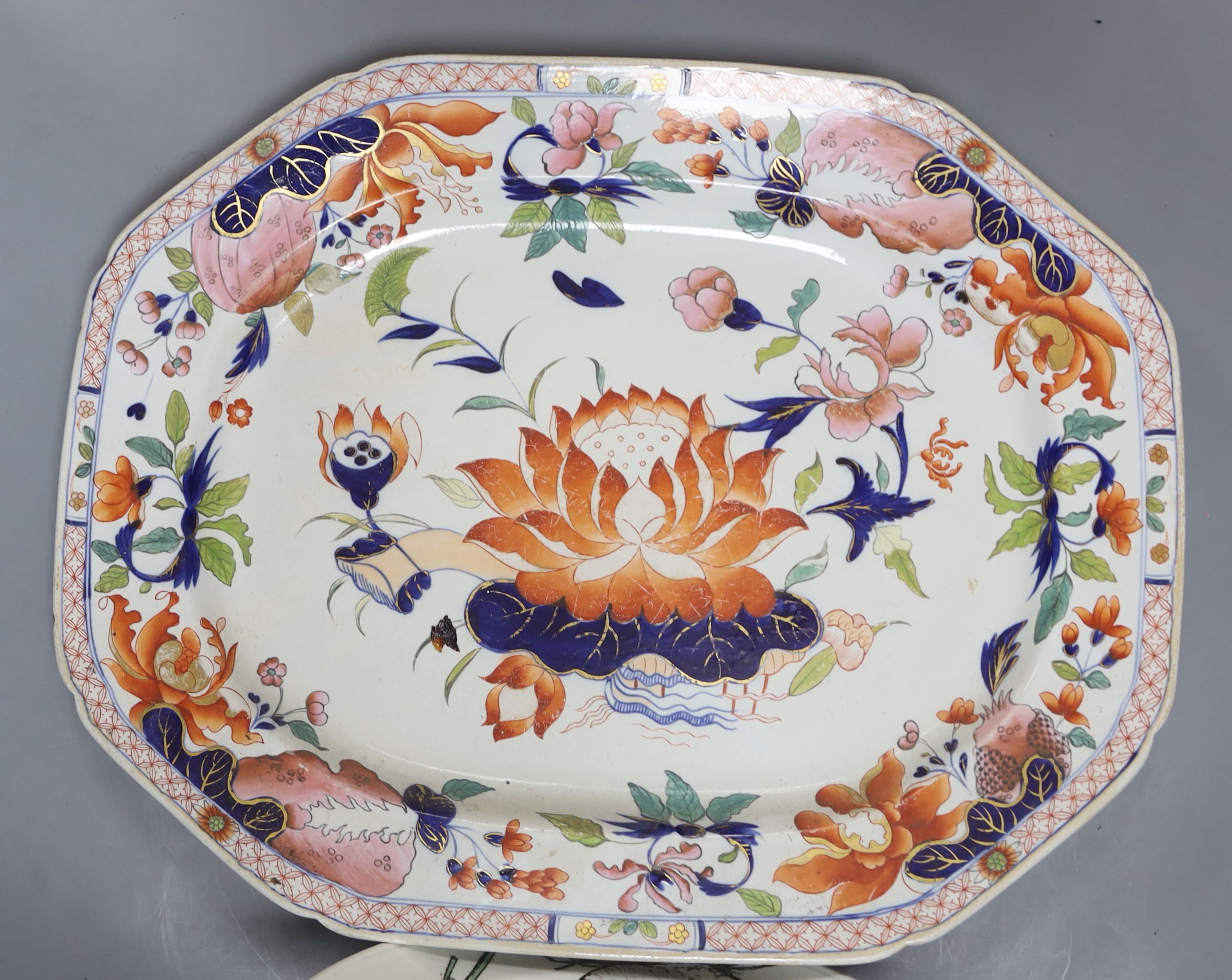 A Masons patent ironstone Imari pattern meat dish, 47cm, four plates and a Minton WS Coleman duck plate